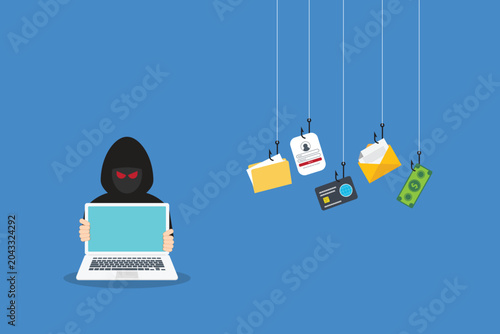 Tableau sur toile Hacker with laptop computer stealing confidential data, personal information and credit card detail