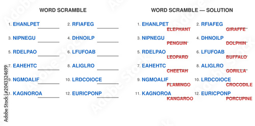 Word Scramble Puzzle. Animals Vocabulary unscramble activity with solution. Printable worksheet for kids.