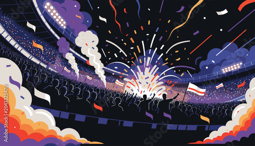 Celebration at a stadium with fireworks and cheering crowd
