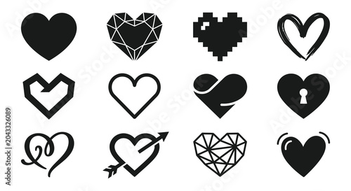 various heart shapes in silhouette black white background vector icons