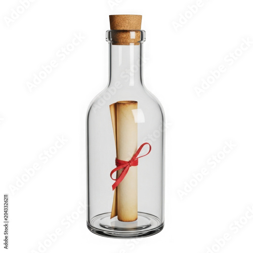Glass bottle with rolled paper and cork stopper
