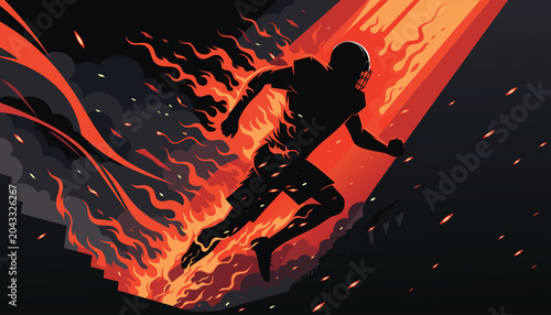 Canvas Print Silhouette of a person running through fire and smoke