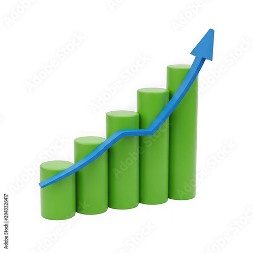 Green bar chart with upward trend and blue arrow