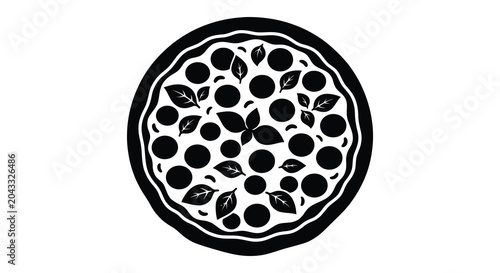 pizza with toppings silhouette food black white circle leaves dots