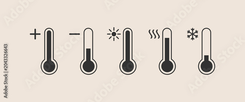 Simple thermometer icons show temperature changes. Each symbol represents a different condition or setting. Plus and minus denote rising or falling values