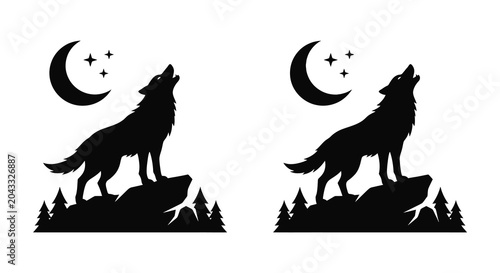 Canvastavla wolf howling at moon silhouette animal wildlife nature black white