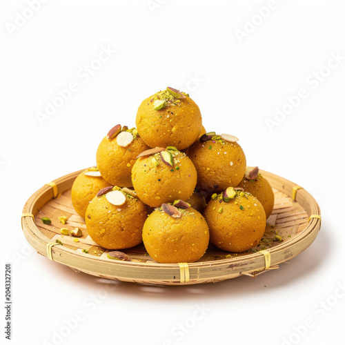 Besan Laddu on Bamboo Plate Isolated on White Background Square Composition Studio Shot