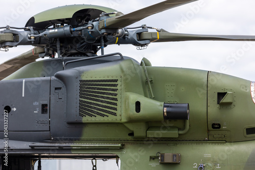 Εκτύπωση καμβά Closeup of military helicopter engine compartment rotor hub turbine systems camouflage fuselage details