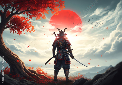 Samurai Warrior in Traditional Armor Standing Under a Red Maple Tree with a Large Sun wallpaper 
