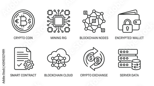 Collection of digital cryptocurrency and blockchain technology vector graphic icons