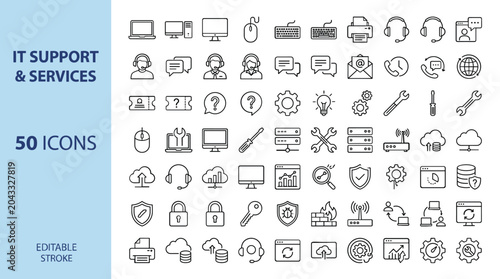 IT Support and Services icon set, 50 professional line icons for computer repair and tech help, editable stroke vector graphics for web and app design
