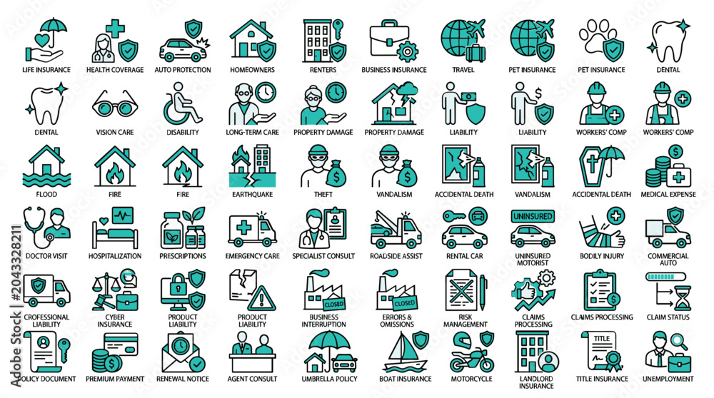 Naklejka premium Insurance icon set with 60 vector line symbols. Professional teal and black insurance icons for health, life, auto, and business coverage.