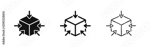 Bild auf Leinwand 3D Cube with Inward Arrows Icon Set Representing Compression and Centralization