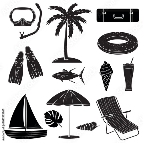 Hand-drawn summer travel and beach vacation icon set. Vector outline doodle