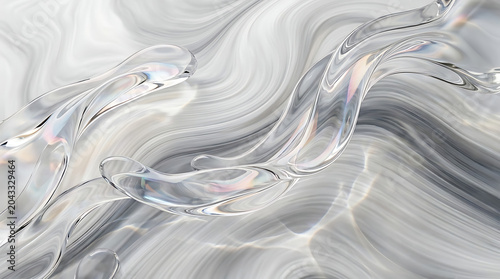 Abstract background featuring translucent liquid glass shapes with elegant flowing curves in a monochrome white and gray gradient palette creating a sophisticated crystal texture design.