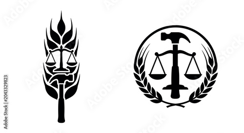Cuadro en lienzo Wheat Sheaf And Scales Of Justice Silhouette Black And White Emblems
