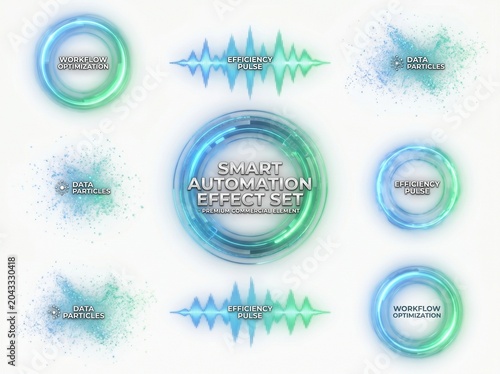 A vibrant digital graphic showcasing a Smart Automation Effect Set with glowing blue and green circular and waveform elements representing various technological concepts workflow optimization