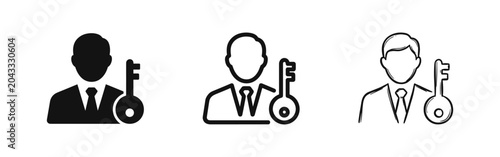 Businessman and key icon representing security, access, and leadership in three styles