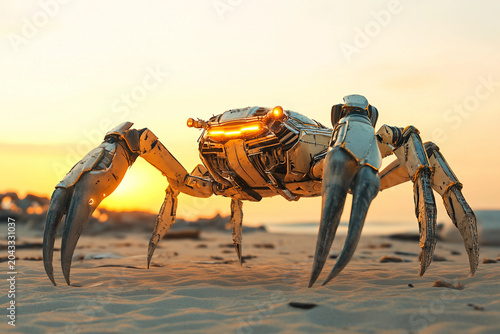 Futuristic Mechanical Hybrid Creature With Sharp Claws On A Sandy Beach At Sunset, Generative AI