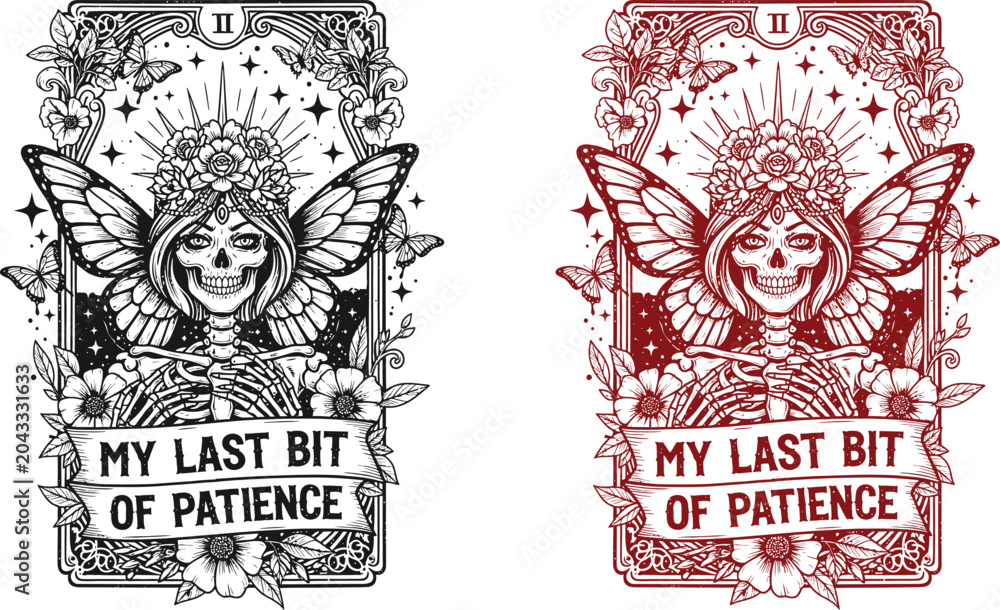 Obraz premium Funny skeleton halloween tarot card my last bit of patience spooky yet humorous illustration