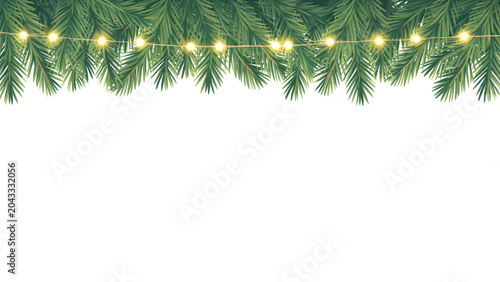 Obraz na plátně Green Christmas Tree Branches with Yellow Lights on White Background