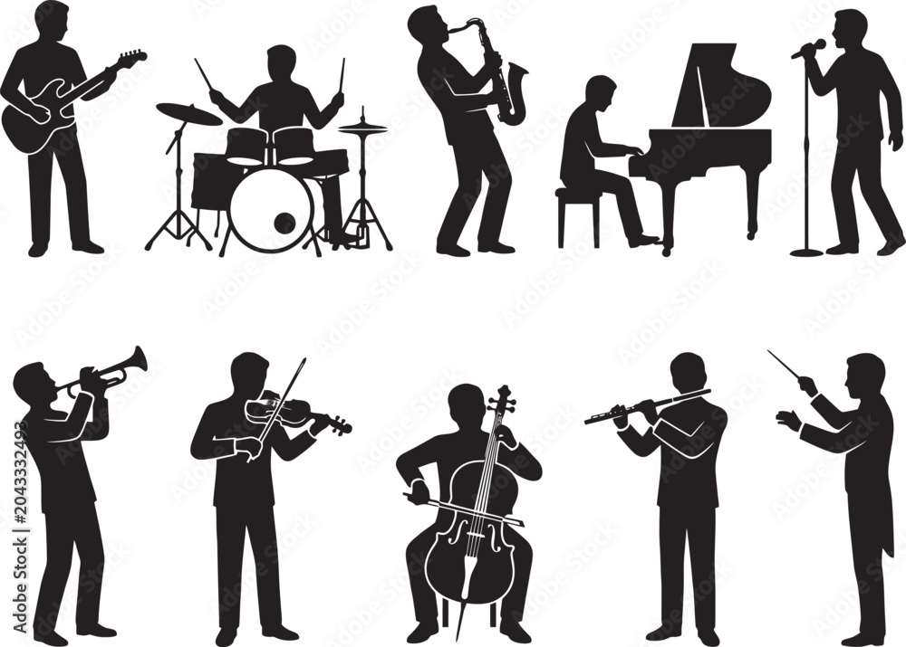 Fototapeta premium Collection of silhouetted musicians playing various musical instruments in a stylized artistic representation