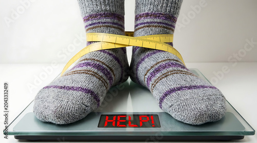 Struggling with Weight Loss? Feet on a Scale Displaying HELP Message Indicating Distress