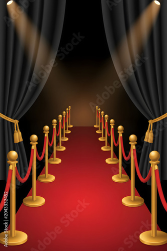 A luxurious red carpet entrance with velvet railings and theatrical curtains, a glamorous backdrop for a VIP event with stage lighting and a perspective illustration of the walkway.