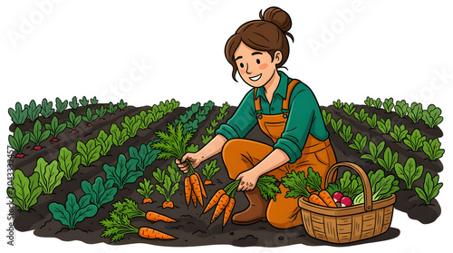 Female farmer picking fresh vegetables in garden, farming illustration with carrots and organic farming scenes, female gardener harvesting produce she grew.