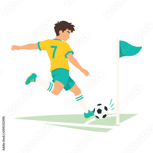 Vector illustration of soccer player kicking ball near corner flag