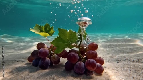 Fresh red grapes splashing into water with air bubbles, healthy food concept and refreshing fruit background.