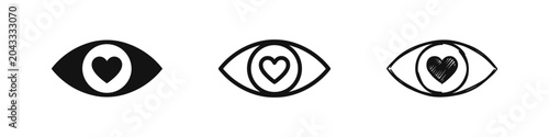 Bild auf Leinwand Eye with Heart Pupil Icon Set Representing Vision of Love and Passion in Solid O