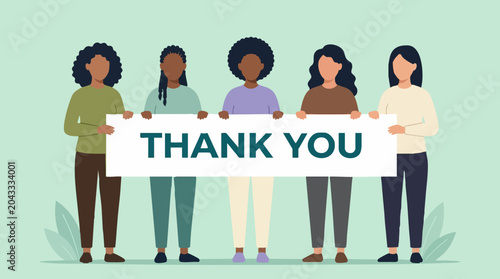 Fotografía Diverse women holding 'THANK YOU' banner, expressing gratitude and unity