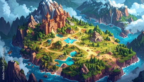 Lush island kingdom with castle