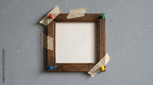 A rustic square dark wood photo frame attached to a textured grey wall using pieces of masking tape. 