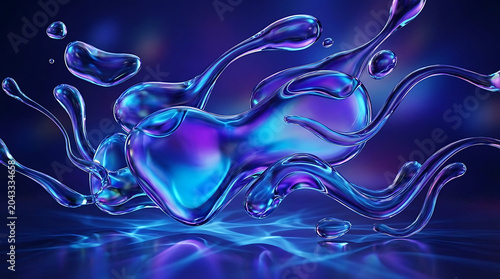 Dynamic flowing liquid glass shapes featuring a vibrant blue and purple iridescent color shift, set against a sleek abstract background with smooth gradients and reflective glossy textures.