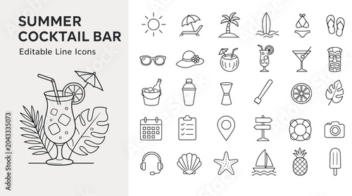 Modern editable vector line icons for summer cocktail bars and beach vacations. Perfect for digital projects, menus, invitations, and promotional materials, capturing a relaxed holiday vibe.