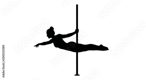 Elegant female figure performing a demanding pole fitness routine, showcasing flexibility and powerful athletic skill