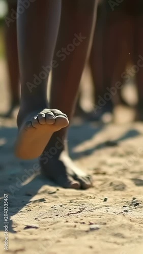 Vertical video: Entering soccer ball, barefoot teen practicing control on sandy ground in shorts