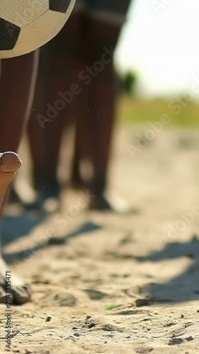 Vertical video: Ball entering left, kids barefoot lifting toes to control ball on sand in shorts