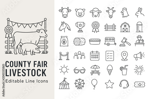 Editable line icons for county fair, livestock, and agriculture. Perfect for farm events, rural themes, websites, apps, and educational materials.