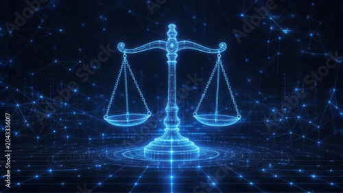 Glowing blue digital scales of justice with futuristic network background representing law and technology