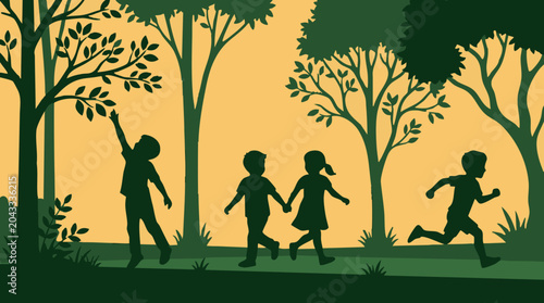 Obraz na płótnie Children silhouettes enjoying outdoor play in a natural park setting