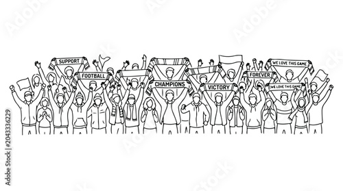 vector black line art of a group of football supporters carrying a banner with a scarf 009