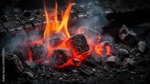 Close up glowing hot charcoal briquettes with bright orange flames and burning embers for barbecue cooking