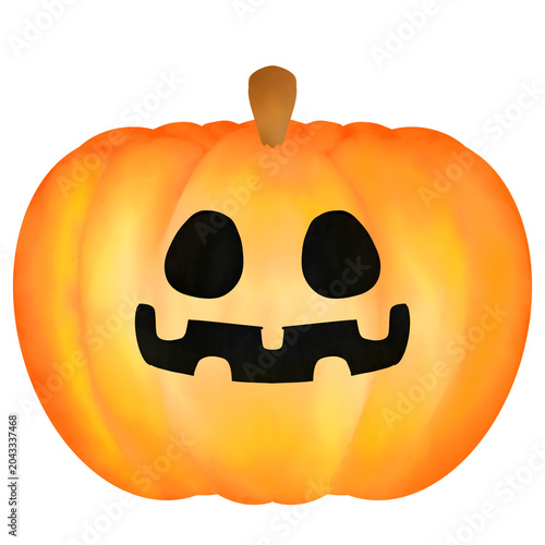 Watercolor cute Halloween jack-o'-lantern illustration, friendly pumpkin face