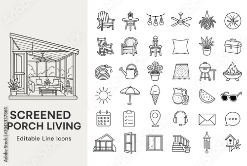 Editable vector line icons for screened porch living and outdoor leisure. Perfect for web, app design, and home comfort themes. Modern, clean, and versatile.