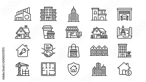 Billede på lærred Black and white line drawing icons of various buildings and real estate related