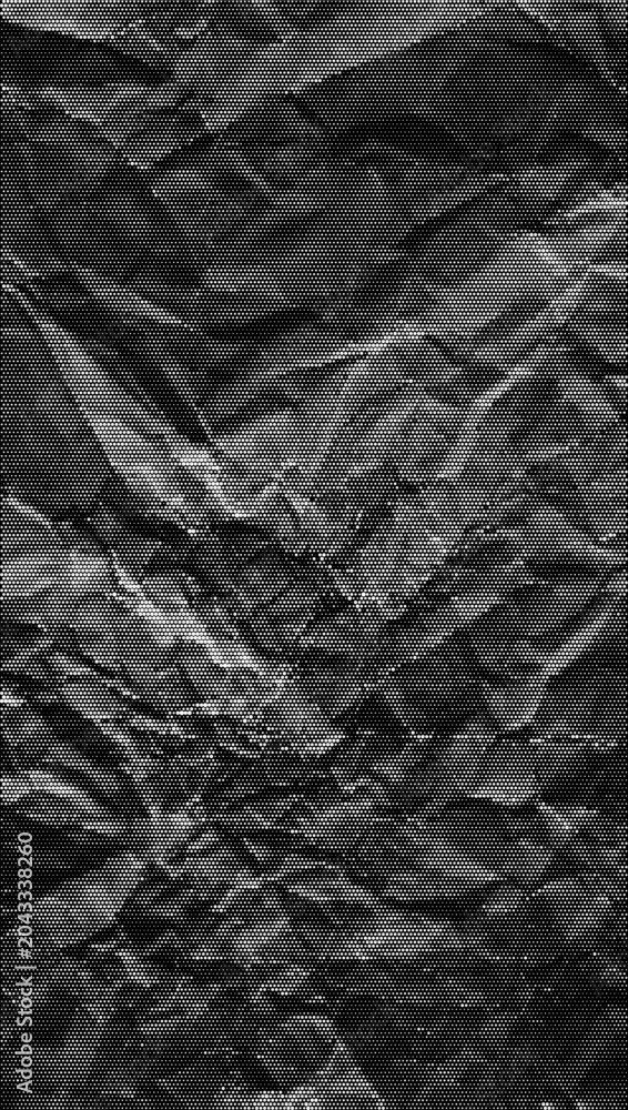 Naklejka premium Black crumpled paper halftone dotted vertical background. Vector abstract grainy textured distressed dark paper for collages, banners, presentations