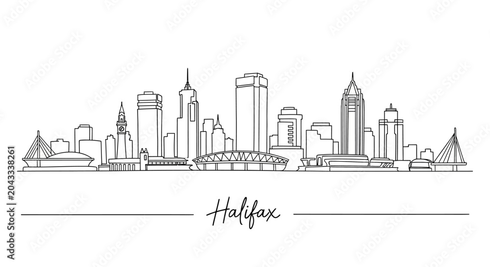 Fototapeta premium Minimalist line art illustration of the Halifax skyline showcasing iconic buildings and bridges capturing the cityscape's